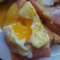 Poached Egg Treat · 2 poached eggs on English muffin topped with tomato, bacon and cheese. Served with Brickway'...