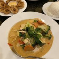 Thai Panang Curry · Choice of meat prepared in our thick panang curry sauce with bell peppers, broccoli, carrots...
