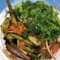 Gochujang Salmon Bowl · Black garlic gocchujang sauce, asparagus, shiitake, bean sprouts and crispy garlic. Made wit...