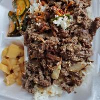 Beef Bulgogi · Includes rice and 2 sides.