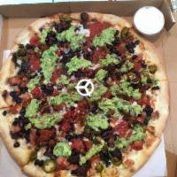 Mexican Pizza · Chipotle chicken or steak, black beans, pico de gallo, guacamole, jalapenos and sour cream.