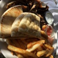 Gyro Plate · Choice of meat with onions, tomatoes, rice, and sauce. Served with your choice of two sides ...