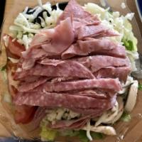 Antipasto Salad · Topped with Italian cold cuts. With Mushrooms, Black Olives, Red Onions, Beets, Garbanzo Bea...