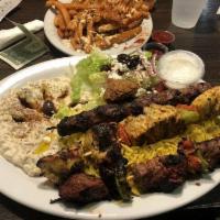 Green Corner Combo · One skewer of lamb kifta kabob, chicken kabab, four beef chunk, and one falafel served with ...