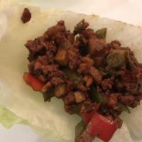 Chicken Lettuce Wrap · Diced chicken, long bean, peppers, jicama and pine nuts. Spicy.