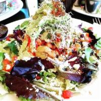 Al Fresca Salad · Field greens, grilled chicken, smoked shrimp, pico de gallo, guacamole, black olives, sprout...