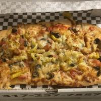 The Hippie Pizza · Mushrooms, tomato, banana peppers, red onion, olives, mozzarella, pizza sauce.