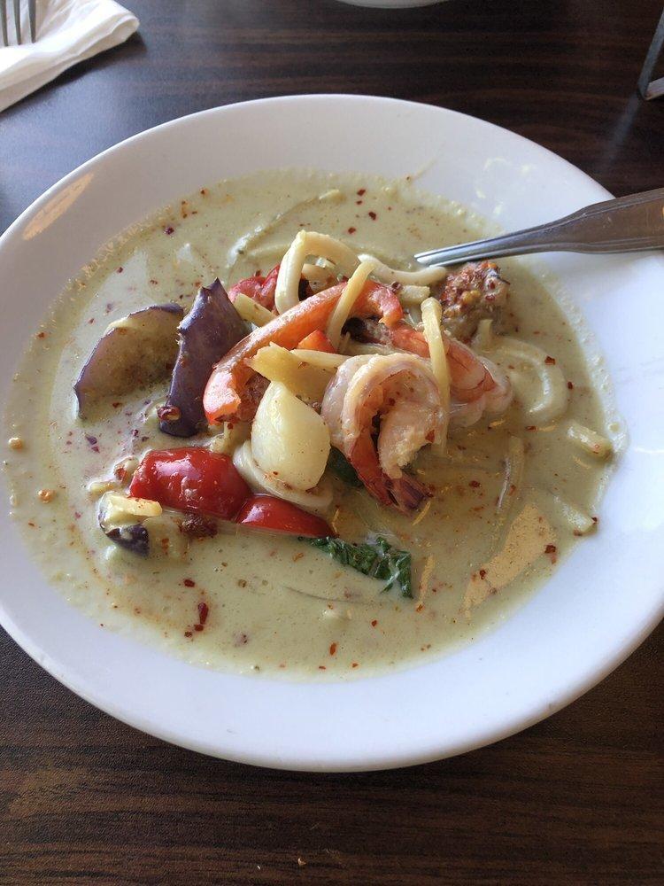 Green Curry · Choice of protein with bamboo shoots, eggplant, bell peppers and basil leaves in green curry sauce.