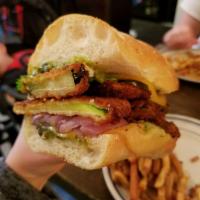 Spicy Aubergine Sandwich · Panko coated aubergine and squash, smoked Gouda, charred red onion, pickled jalapenos, fenne...