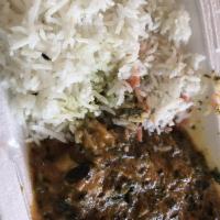 Saag · Homemade fresh spinach cooked in seasoned gravy, curry style. Served with basmati rice.