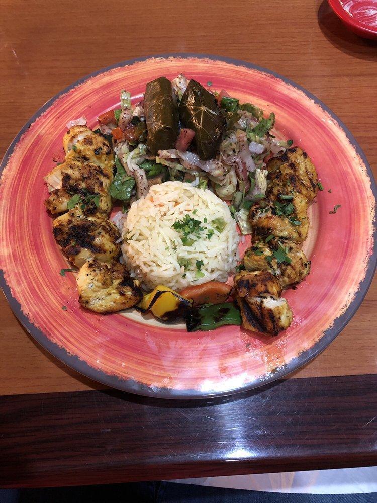 Chicken Kebab · Two Skewers of Halal Chicken grilled and served with Rice, Hummus, Pita, Dolmas and Fattoush Salad
