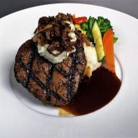 45 Day Aged Filet Mignon · Served with crispy smashed garlic-parmesan potatoes, aparagus, red wine shallot demi-glace