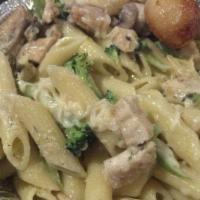 Penne Pasta · Mushrooms and broccoli in a cream sauce. Add chicken for an additional charge.
