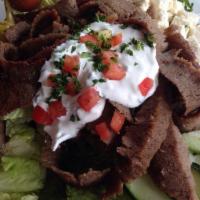 Gyro Salad · Lettuce, tomato, onion, cucumber, feta, olives, tzatziki sauce. Served with a side of house ...
