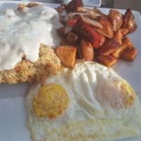 Country Fried Steak · A Texas favorite. All natural Texas Akaushi beef cutlet seasoned and breaded in house. Cover...