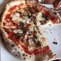 Boscaiola Pizza · Imported mozzarella, San Marzano tomato sauce, wild mushrooms and fresh sweet Italian sausage.