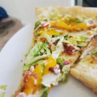 Chicken, Bacon and Ranch Pizza · Chicken cutlet, bacon, lettuce, tomato, onion, American cheese and ranch.