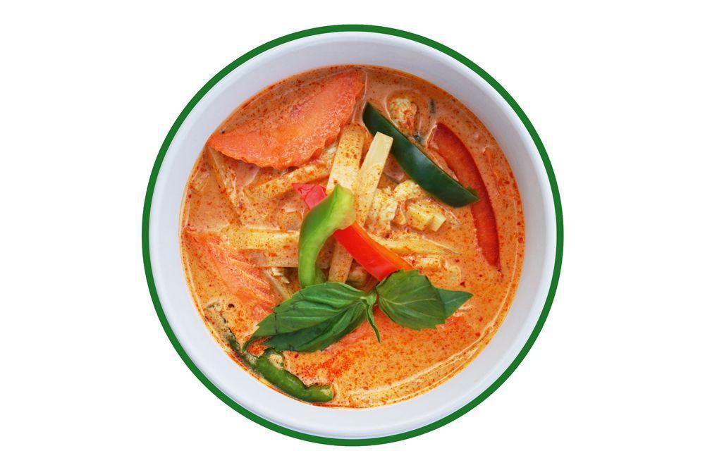 Red Curry · Red curry paste with coconut milk, bamboo shoot, bell pepper, carrot, thai basil.