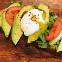 Rustic Avo Toast · Served on La Provence sourdough toast. Avocado spread, Avocado slices, garlic extra virgin o...