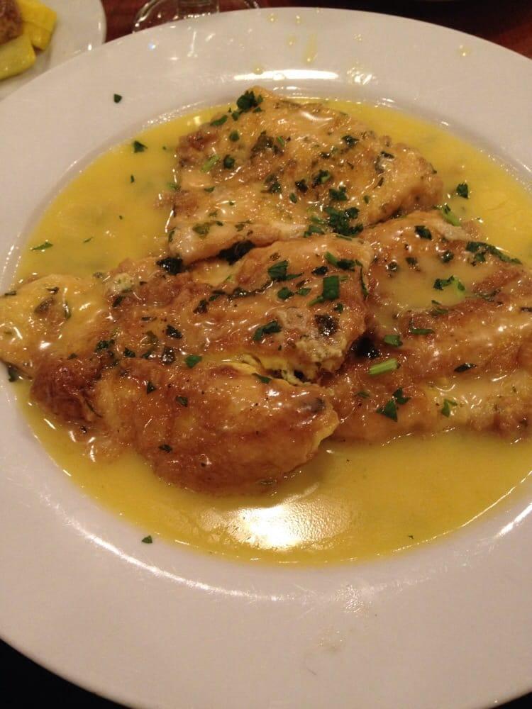 Chicken Francese · Lightly battered chicken breast, sauteed with lemon butter and wine. Served with salad and a choice of vegetable, potato of the day or linguine.