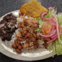 Churrasco · Grilled skirt steak. Choice of side: White Rice and Beans, Fried Plantains, Sweet Plantains,...