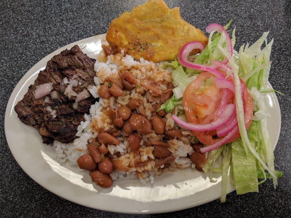 Churrasco · Grilled skirt steak. Choice of side: White Rice and Beans, Fried Plantains, Sweet Plantains, French Fries or Steamed Vegetables