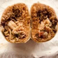 Surf and Turf Burrito · Beef and shrimp served with rice, cheese and sour cream.