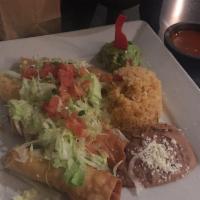 Flautas · Two shredded beef and two shredded chicken fried flautas, topped with lettuce, pico de gallo...