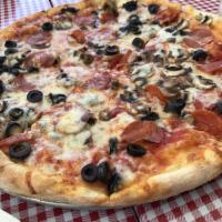 Coney Island Pizza · Pepperoni, mushrooms, olives, tomato sauce and mozzarella cheese.