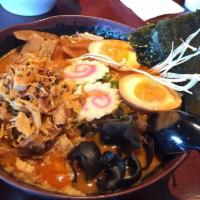 Inspirational Spicy Miso · 7 Hour chicken broth, Spicy Miso Base, Chopped Spicy Pork, Cabbage, Corn, Soft Boiled Egg, S...