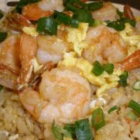 Shrimp Fried Rice · Rice stir fried with Shrimp, peas, carrots, green and brown onion