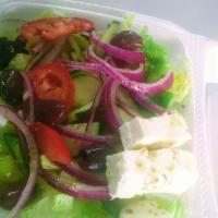 Greek Salad · Lettuce mixed with cucumbers, tomatoes, bell peppers and onion, topped off by olives, feta c...