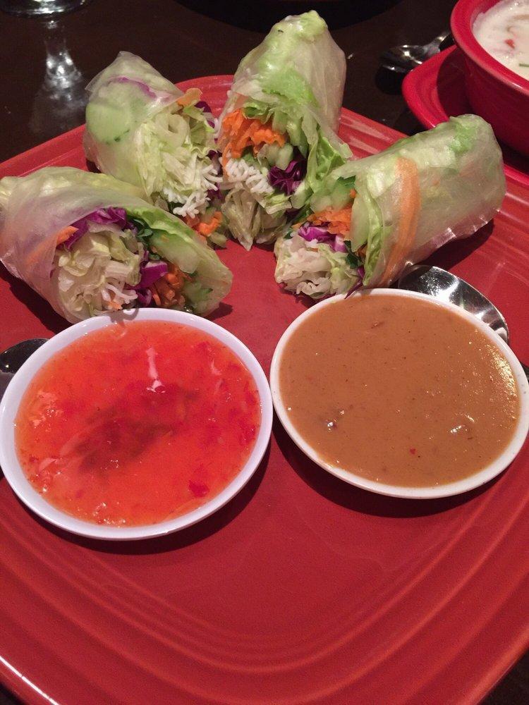 Fresh Rolls · Rice paper wraps filled with romaine, iceberg lettuce, carrots, rice noodles, cucumber, mint and basil leaves with sweet chili and peanut sauce.
