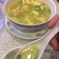 Egg Flower Soup · Chicken broth soup with eggs and topped with scallion.