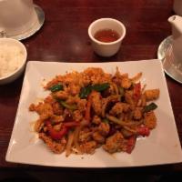 Szechuan Hot Chili Chicken Dinner · Hot chili pepper, Chinese peppercorn, julienne red bell pepper and fresh cilantro diced chic...