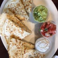 Quesadillas · Served with pico de gallo and sour cream. Vegetarian preparation is available.