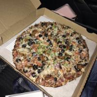 Vegan Combo Pizza · Vegan sausage, mushroom, green pepper, olives, onions and tomatoes.