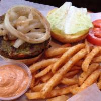 Veggie Burger · Special blend of grains and vegetables, grilled onions, tomato, lettuce and balsamic aioli. ...