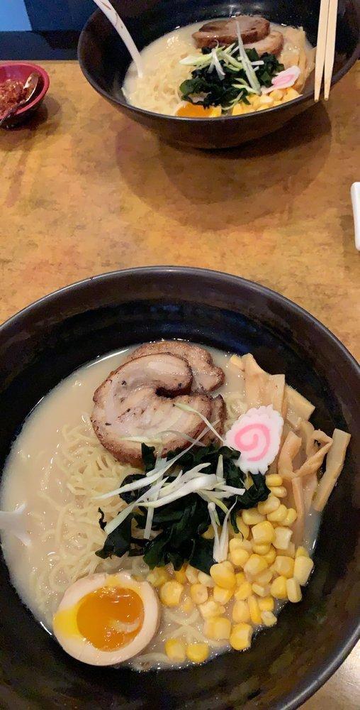 Tonkotsu Ramen · Salt and White Pepper flavored 
2 slices of pork belly, half a soft-boiled egg, 2 slices of fish cake, corns, bamboo shoots, seaweed, green onions