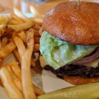 Coho Cafe Burger · Hand formed patty, aged white cheddar, secret sauce, lettuce, tomato and onion on a Macrina ...