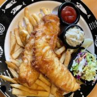 Fish and Chips · Beer battered cod, roasted onion tarter, slaw and fries.