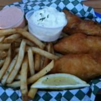 Fish and Chips · Three arctic cod fillets lightly battered and deep fried. Served with tartar sauce, fries or...