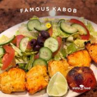 Chicken Breast Kabob · A skewer of chicken breast pieces marinated and finely charbroiled.