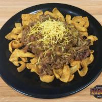 Frito Pie · Fritos - baked beans - pulled pork - Unicorn sauce - shredded cheese.