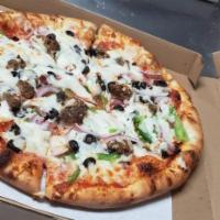 Sausage and Pepper Pizza · Sausage, roasted red peppers, green peppers and onions.