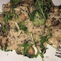 Cashew Creamy Pappardelle with Wild Mushroom · Protein cuts, wild mushrooms, broccoli, herbs and Asian pappardelle pasta stir-fried with ve...