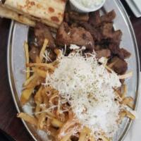 Pork Gyro Platter · Comes with small Greek salad, tzatziki, pita bread and 1 side of your choice.