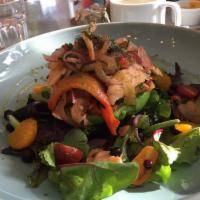 Stuffed Avocado Salad · Sauteed veggies in soy-ginger sauce, served on mixed greens salad. Add chicken and smoked sa...