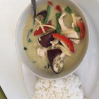 Green Curry · Thai green curry paste with coconut milk, bamboo shoot, eggplant, bell pepper and basil leav...