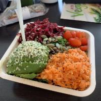 Superfood Salad · Kale, spinach, cucumber, celery, carrot, cherry tomato, beet, pumpkin seeds, cranberries, he...